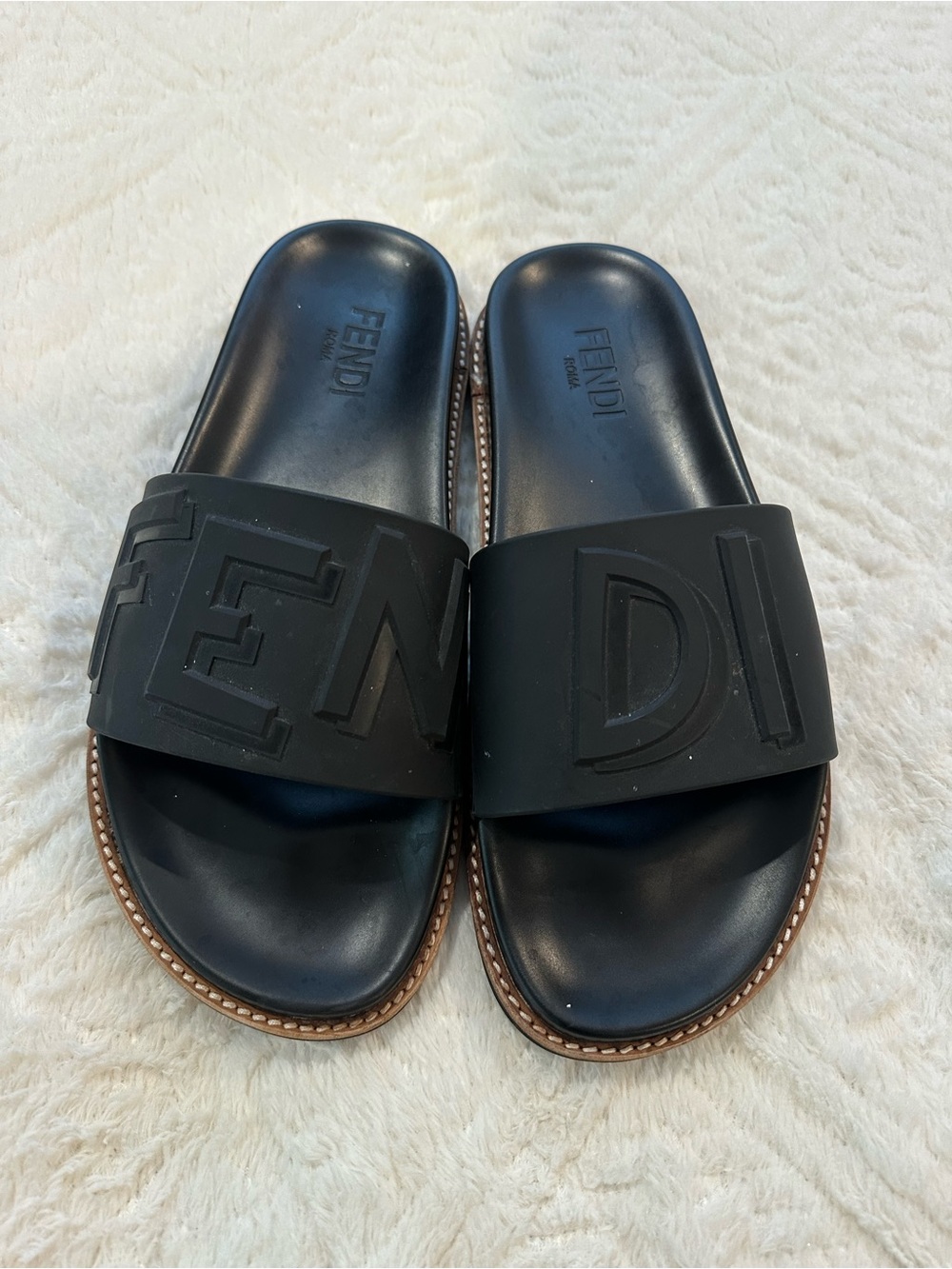 Fendi Black Rubber Logo Slide Sandals with Brown Trim